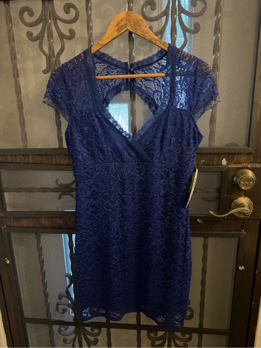 Sears Navy Lace V-Neck Cap Sleeve Mini Dress